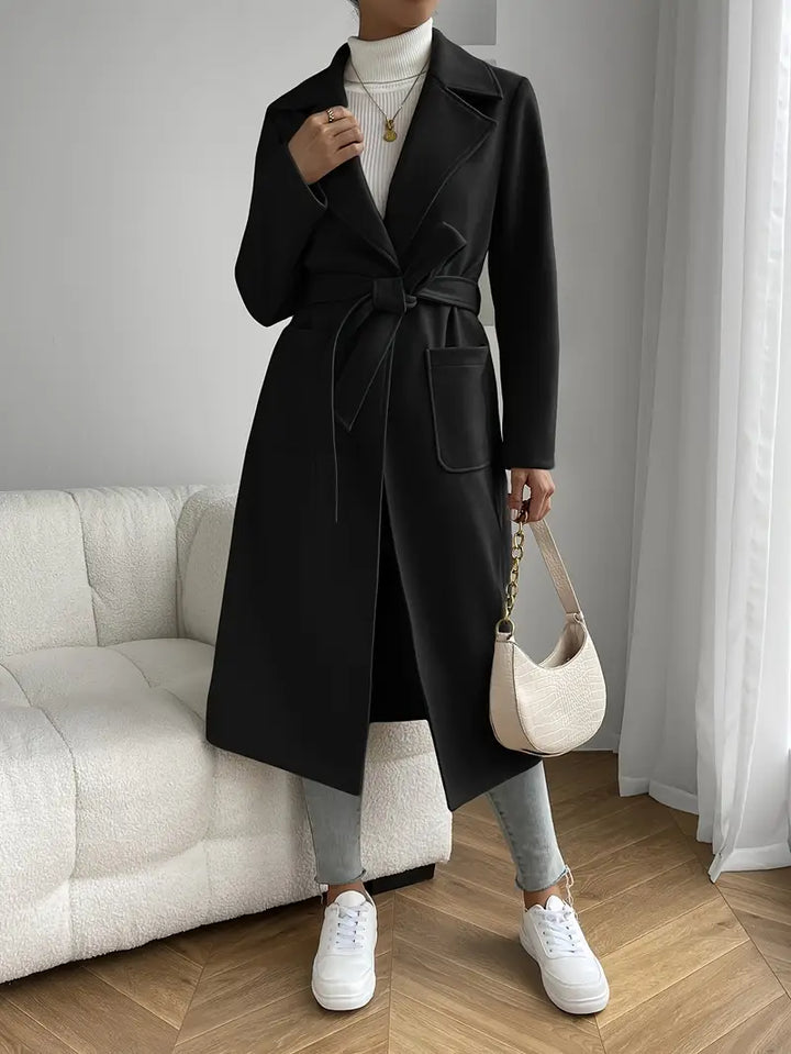 Womens Long Overcoat Wool Blend Belted Minimalist Lapel - BritishMode
