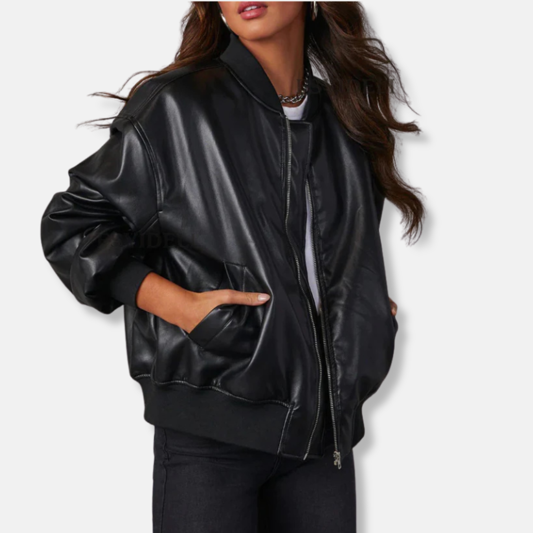 Womens Bomber Jacket Ribbed Trim Oversized Relaxed Fit