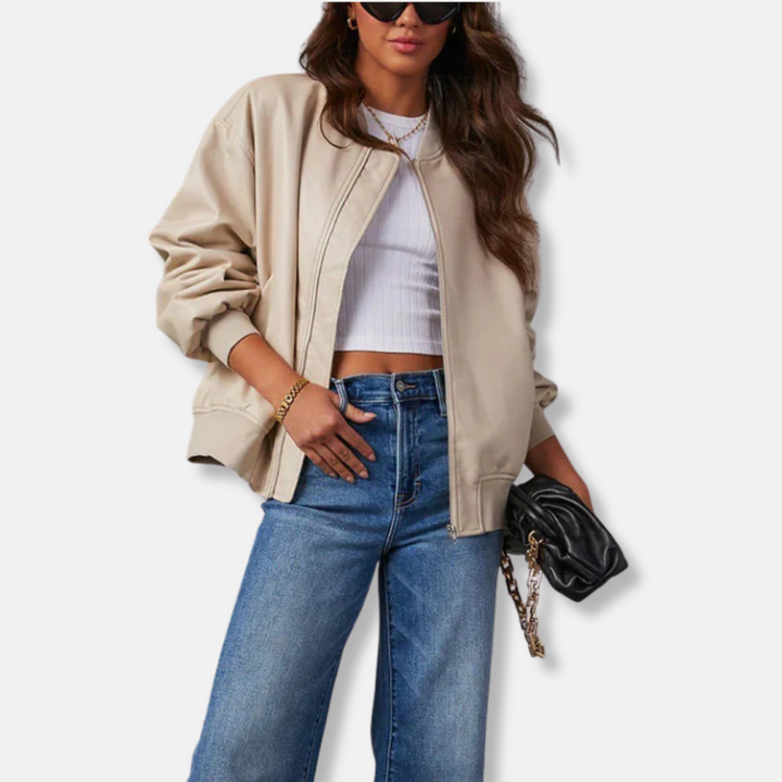 Womens Bomber Jacket Ribbed Trim Oversized Relaxed Fit - BritishMode