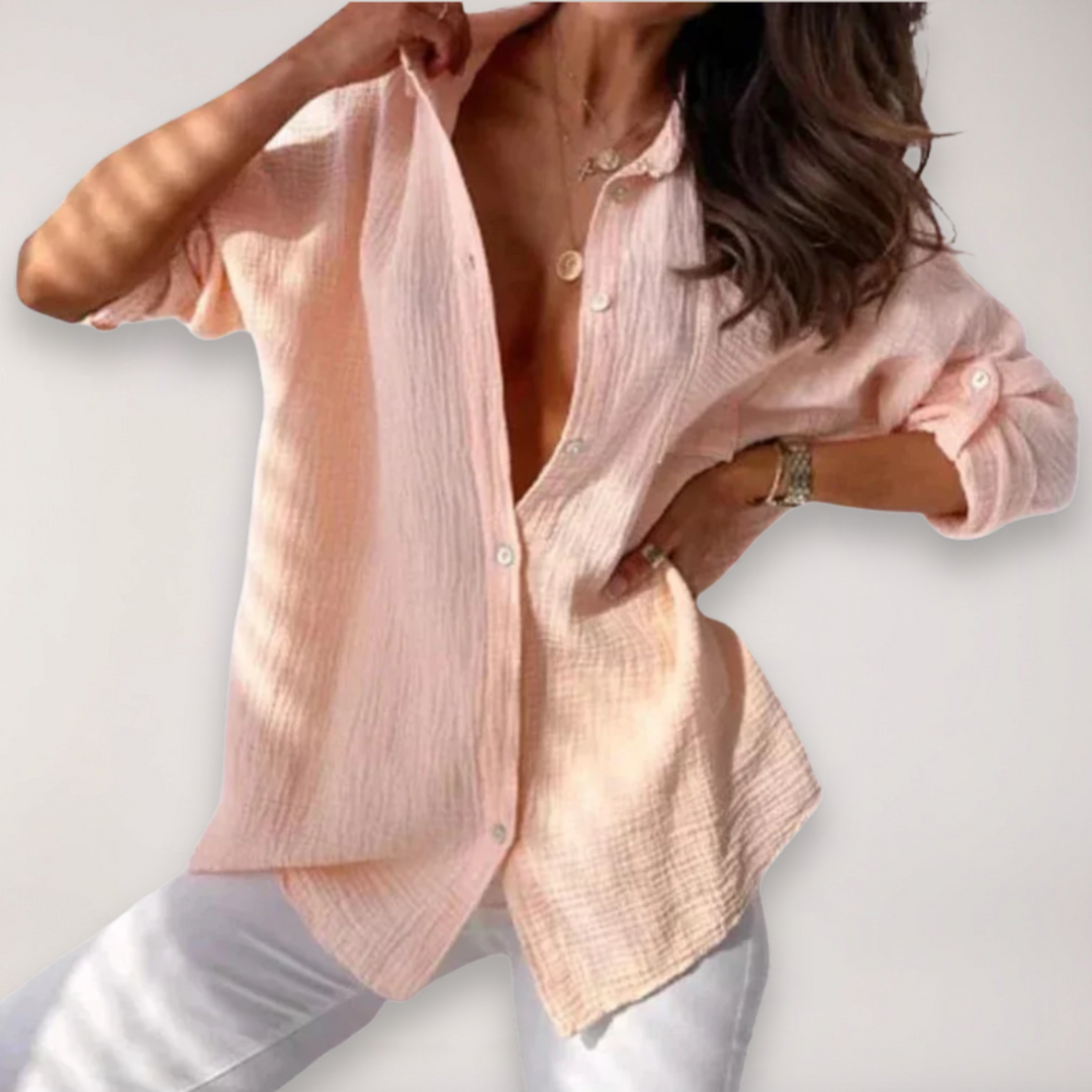 Womens Long Sleeve Shirt Crinkle Muslin Relaxed Fit Button Front - BritishMode