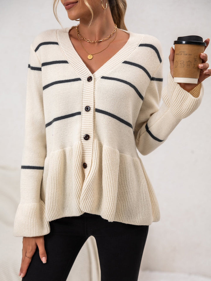 Womens Cardigan V-Neck Button Front Loose Fit Peplum Hem