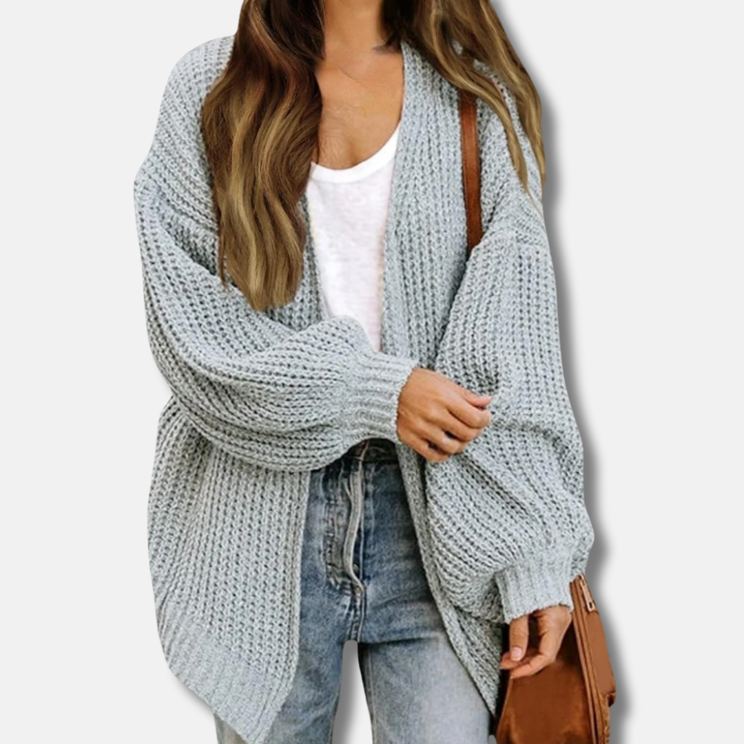 Womens Cardigan Wool Blend Chunky Knit Oversized Fit Lantern Sleeves