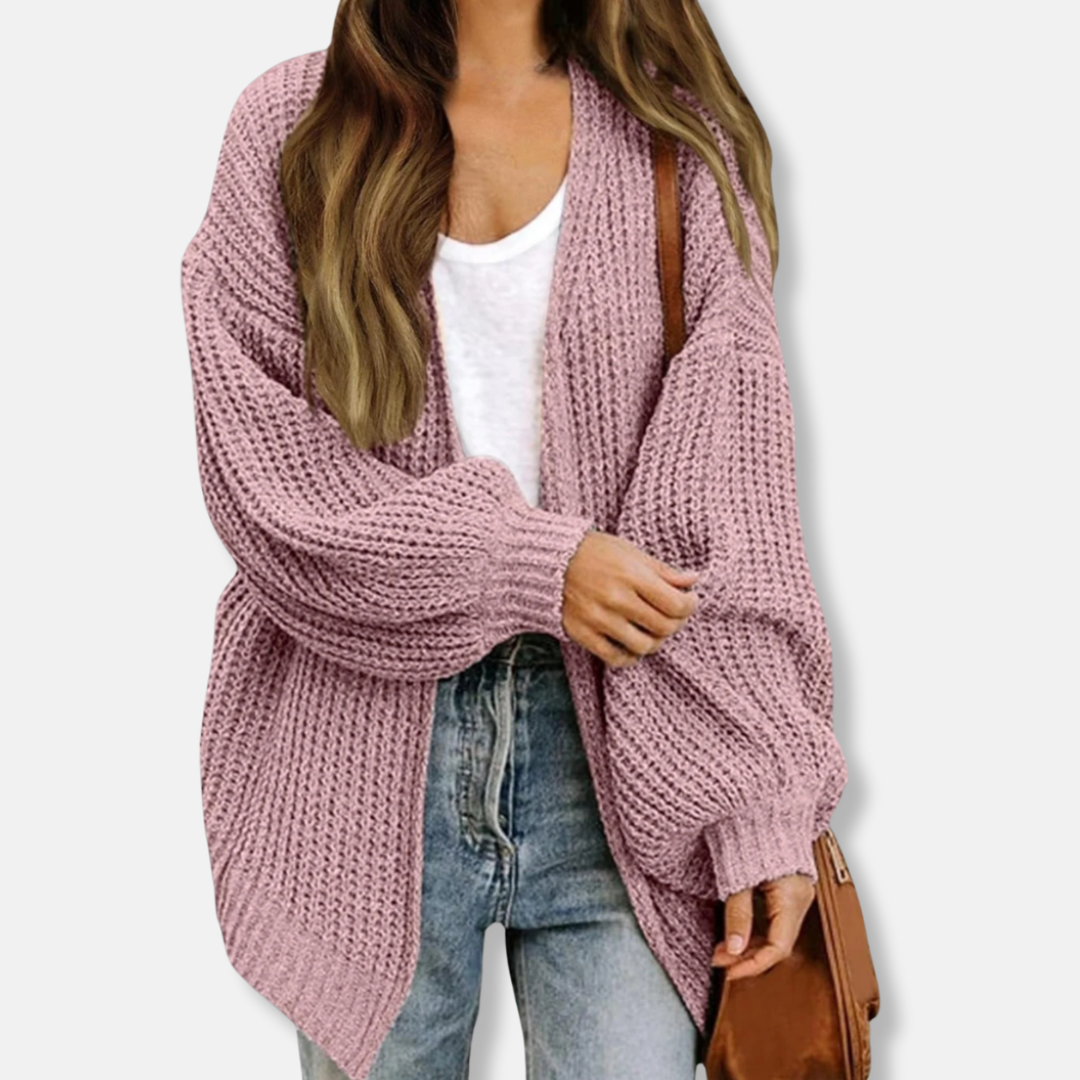 Womens Cardigan Wool Blend Chunky Knit Oversized Fit Lantern Sleeves