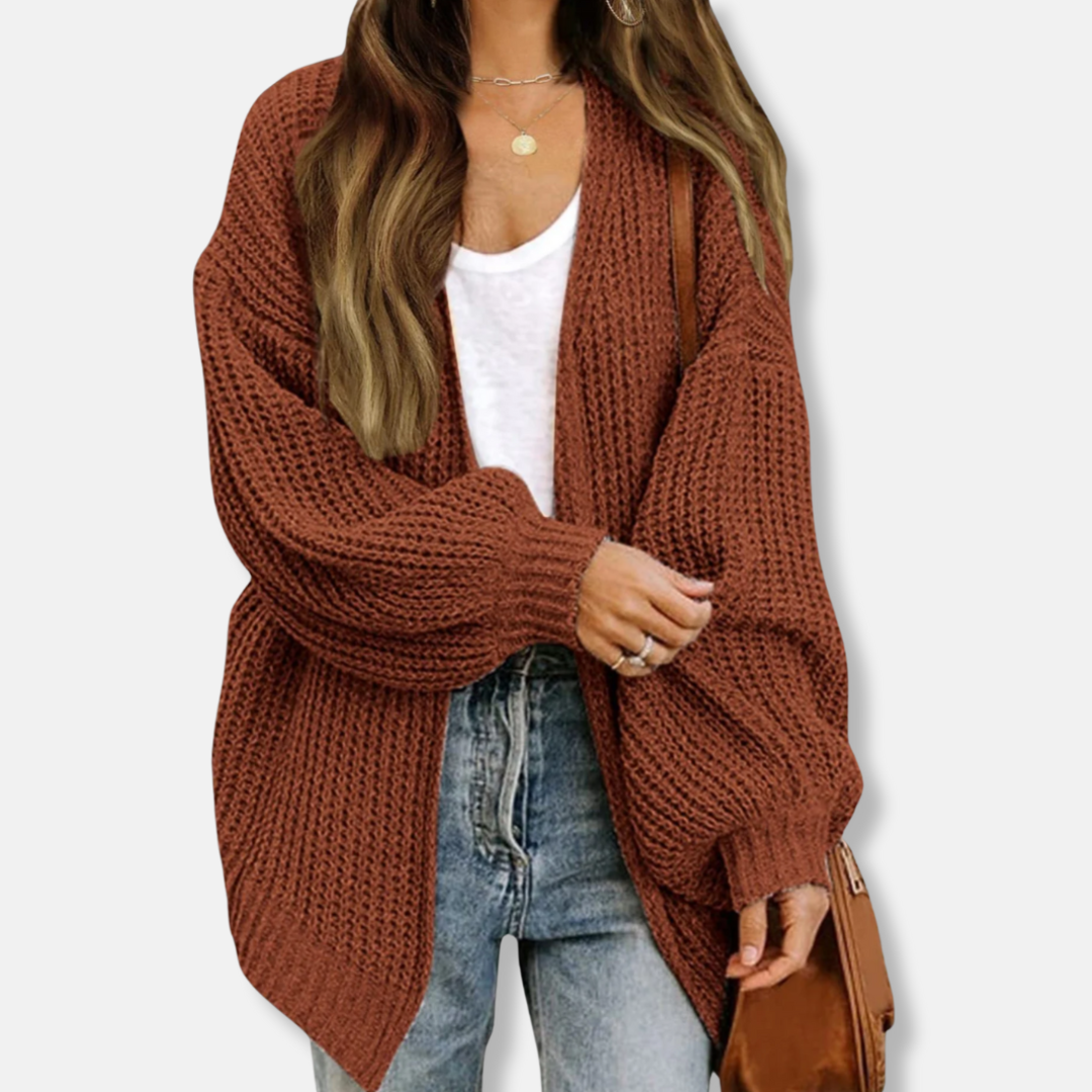 Womens Cardigan Wool Blend Chunky Knit Oversized Fit Lantern Sleeves - BritishMode