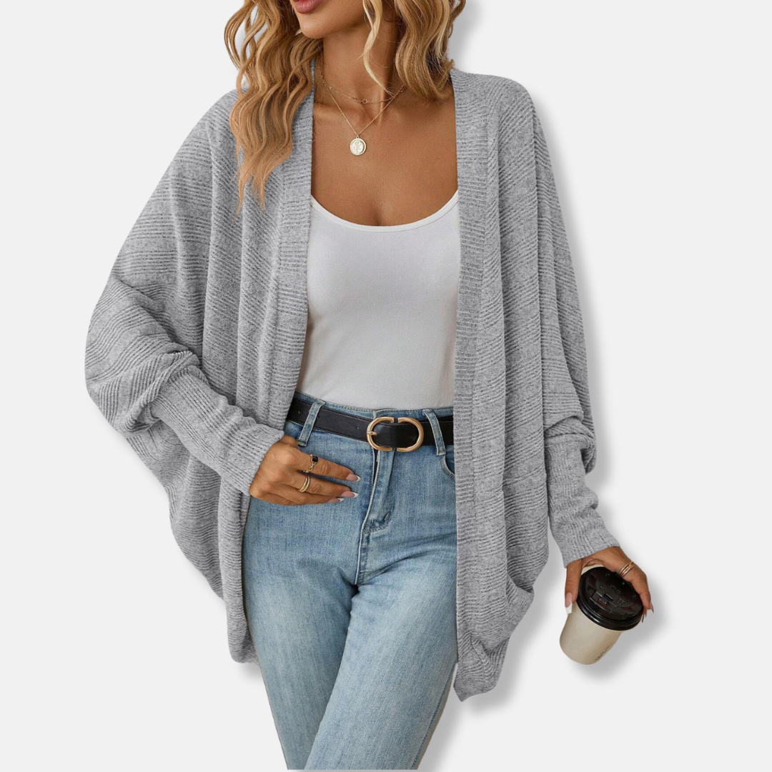 Womens Oversized Knit Cardigan Open Front Batwing Sleeves - BritishMode