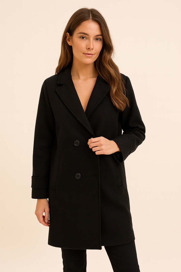 Womens Long Double-Breasted Coat with Wide Lapels Formal Fit