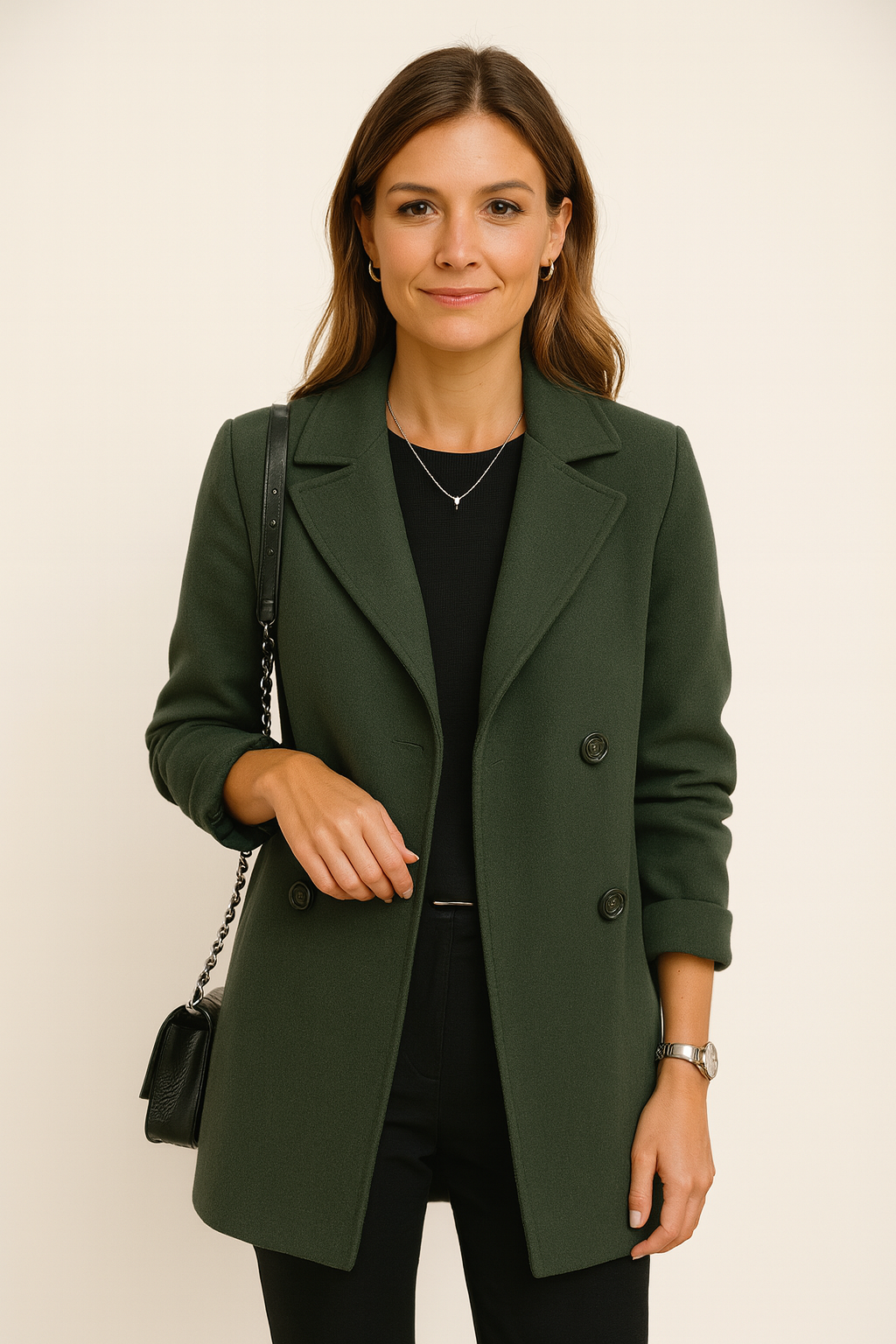 Womens Long Double-Breasted Coat with Wide Lapels Formal Fit