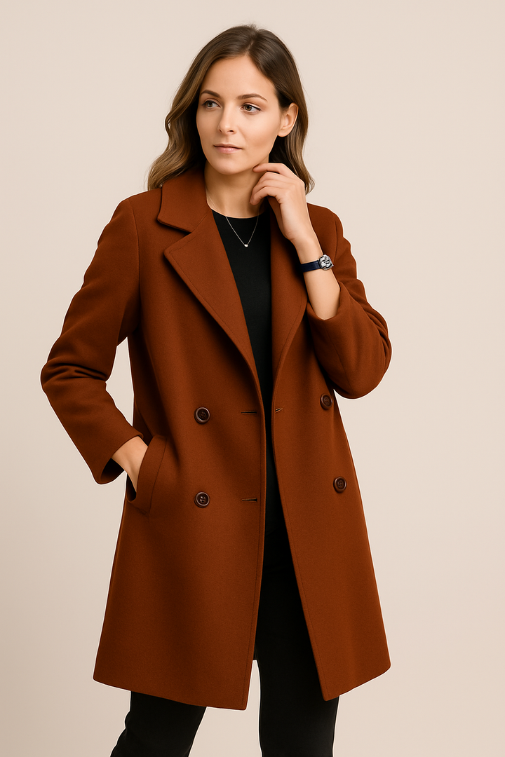 Womens Long Double-Breasted Coat with Wide Lapels Formal Fit - BritishMode