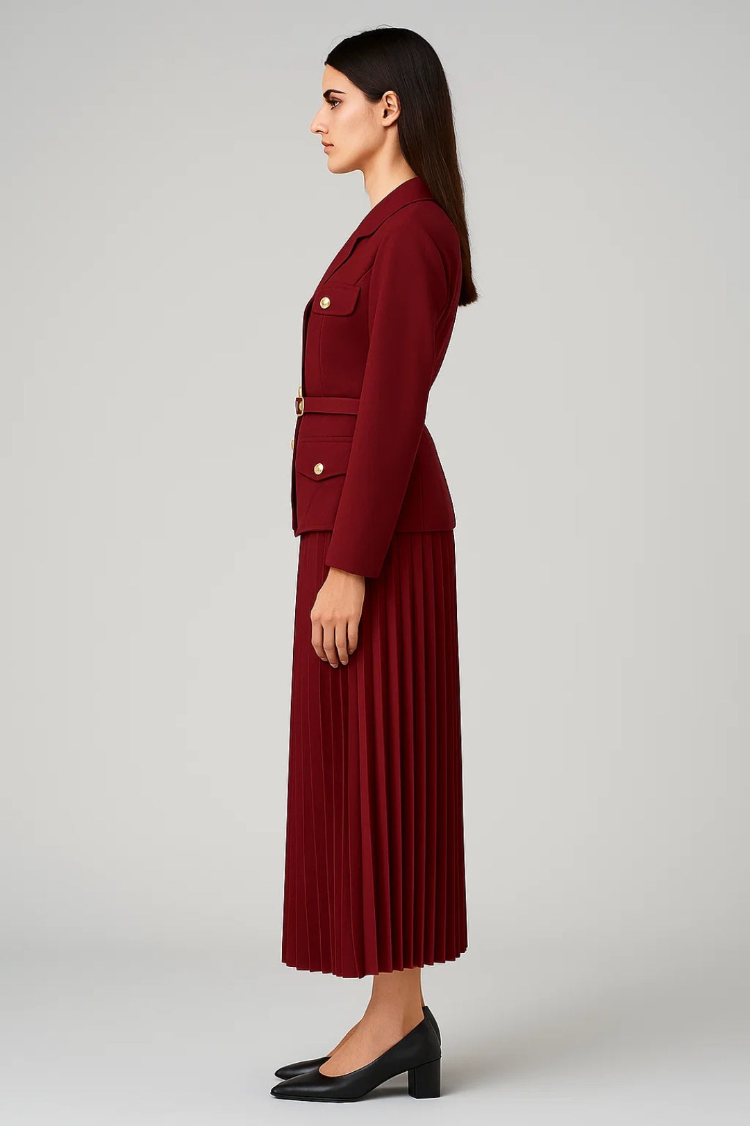 Womens Military Blazer with Notch Lapel and Belted Pleated Midi Skirt