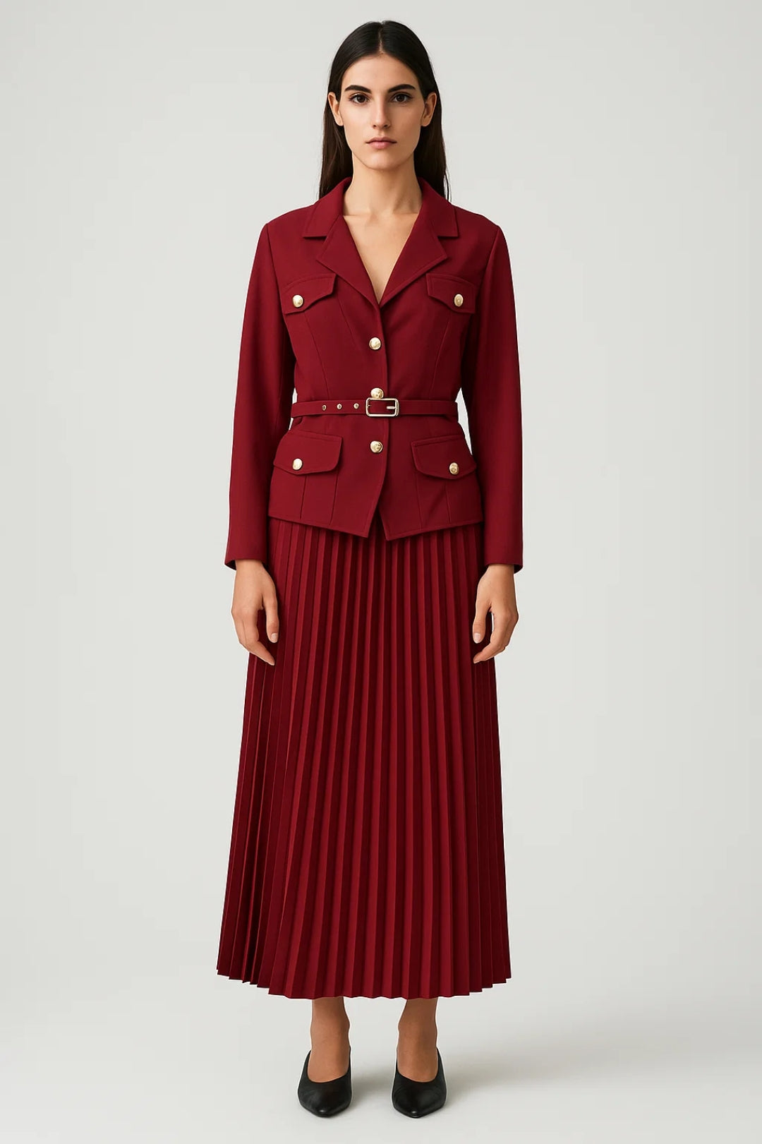 Womens Military Blazer with Notch Lapel and Belted Pleated Midi Skirt - BritishMode