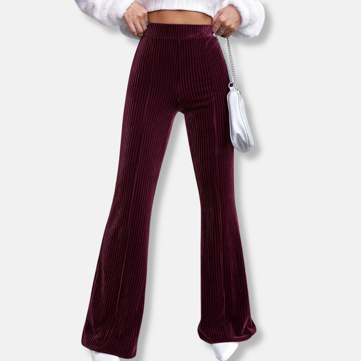 Womens Flared Trousers Velour Fabric Ribbed Texture High Waist Pull-On