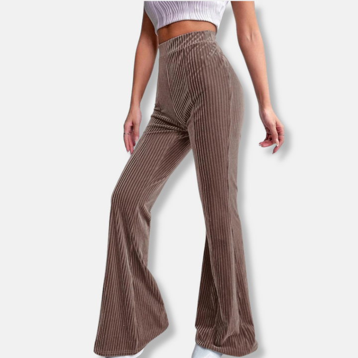 Womens Flared Trousers Velour Fabric Ribbed Texture High Waist Pull-On