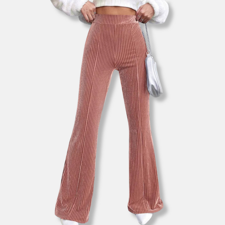 Womens Flared Trousers Velour Fabric Ribbed Texture High Waist Pull-On