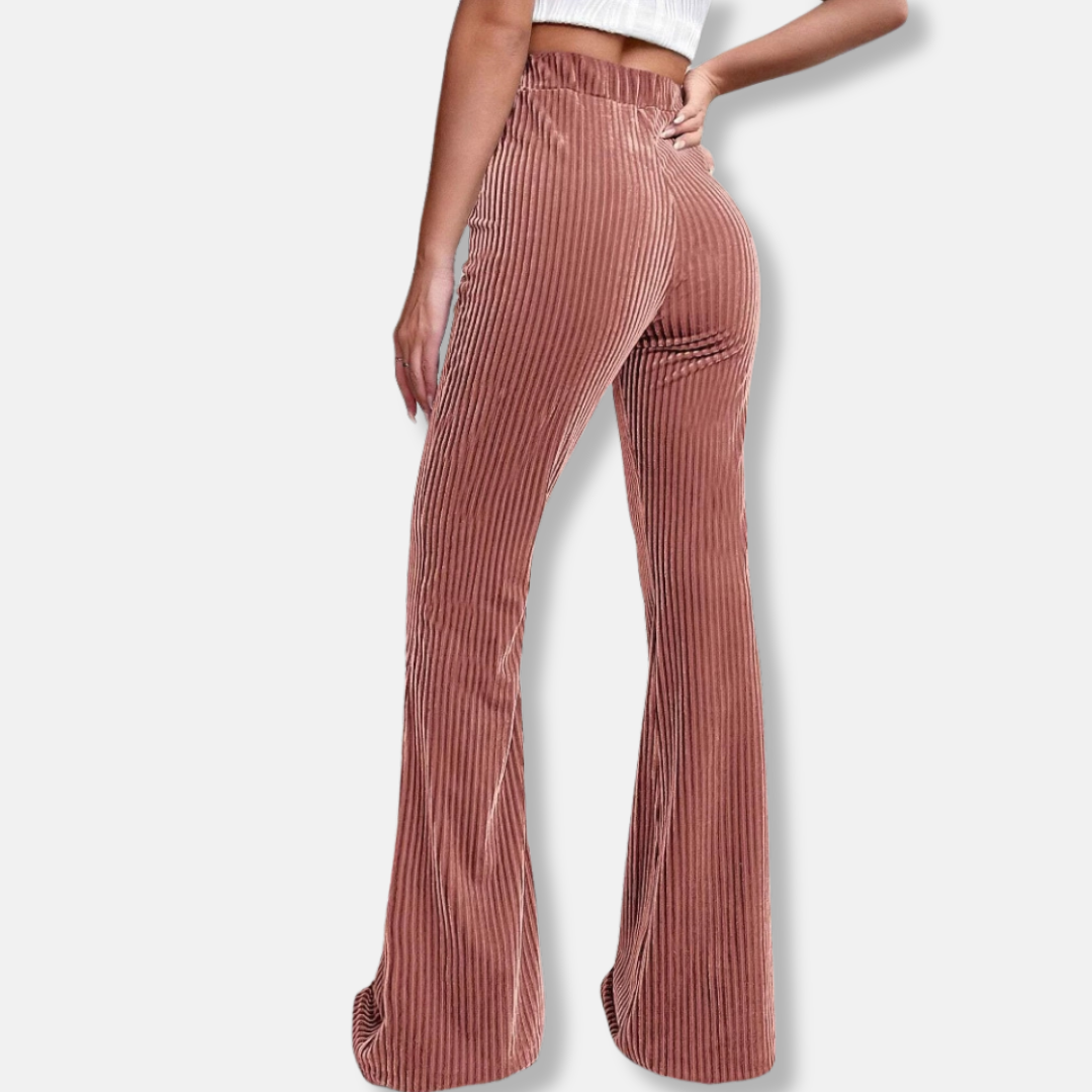 Womens Flared Trousers Velour Fabric Ribbed Texture High Waist Pull-On
