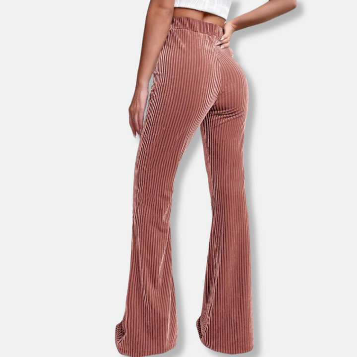 Womens Flared Trousers Velour Fabric Ribbed Texture High Waist Pull-On