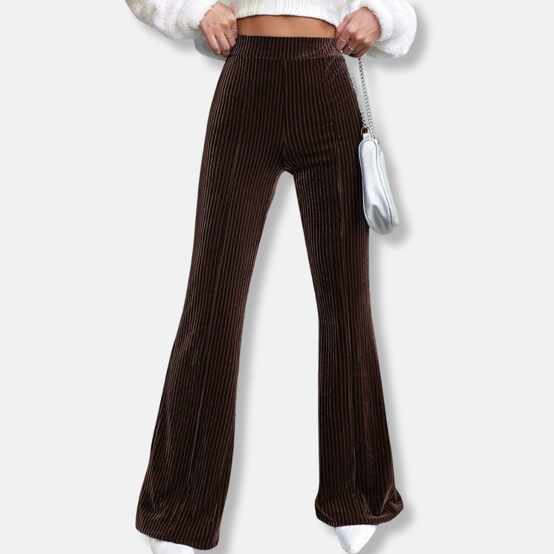 Womens Flared Trousers Velour Fabric Ribbed Texture High Waist Pull-On