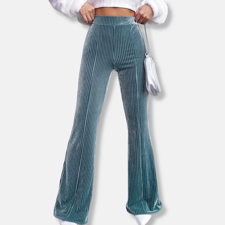 Womens Flared Trousers Velour Fabric Ribbed Texture High Waist Pull-On - BritishMode