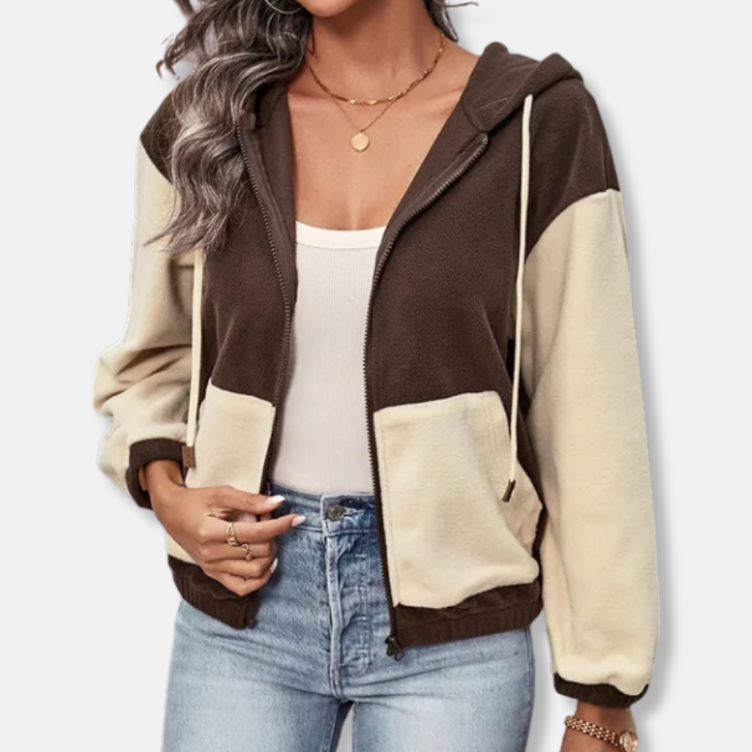 Womens Hooded Jacket Fleece Material Relaxed Fit Zip Front - BritishMode