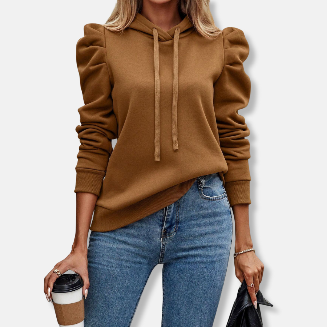 Womens Hooded Top with Drawstring Relaxed Fit Puff Sleeves Ribbed Hem
