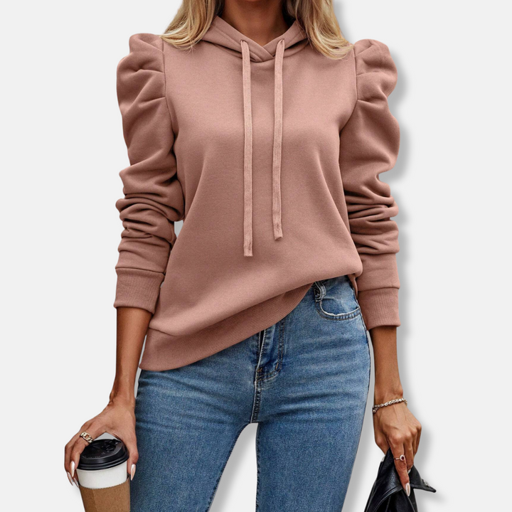 Womens Hooded Top with Drawstring Relaxed Fit Puff Sleeves Ribbed Hem