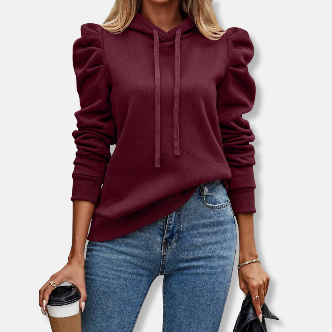 Womens Hooded Top with Drawstring Relaxed Fit Puff Sleeves Ribbed Hem