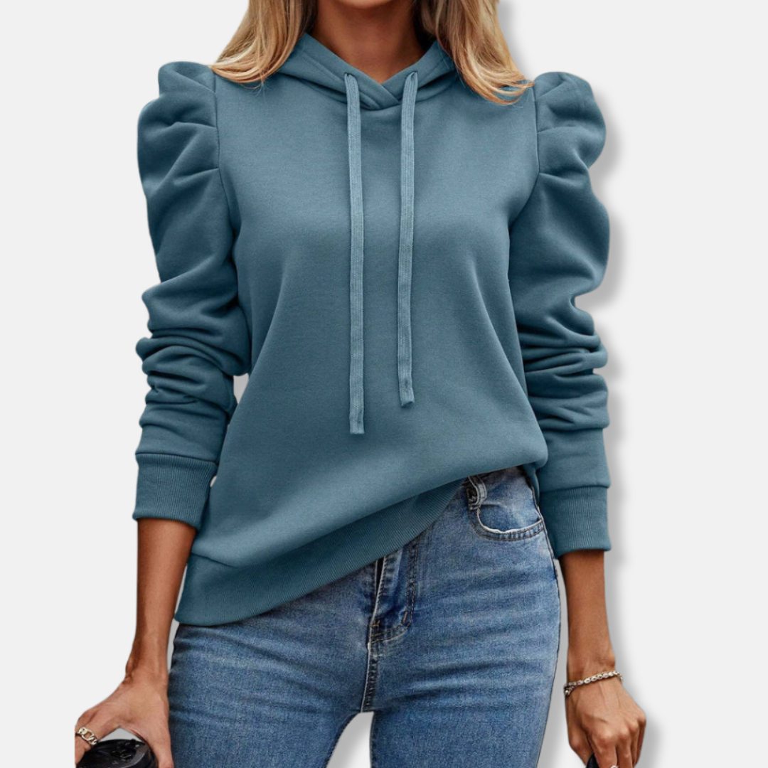 Womens Hooded Top with Drawstring Relaxed Fit Puff Sleeves Ribbed Hem
