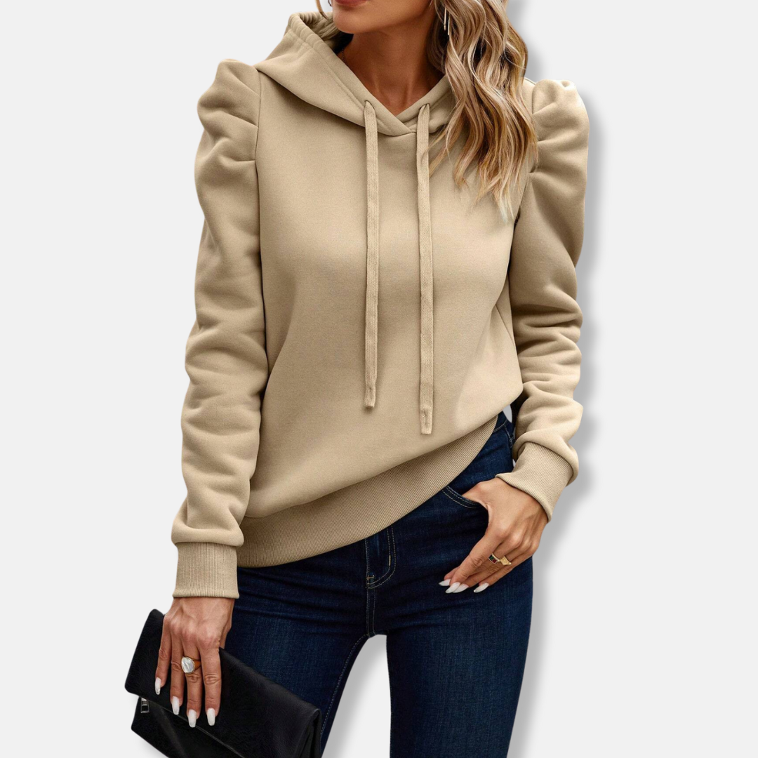 Womens Hooded Top with Drawstring Relaxed Fit Puff Sleeves Ribbed Hem - BritishMode