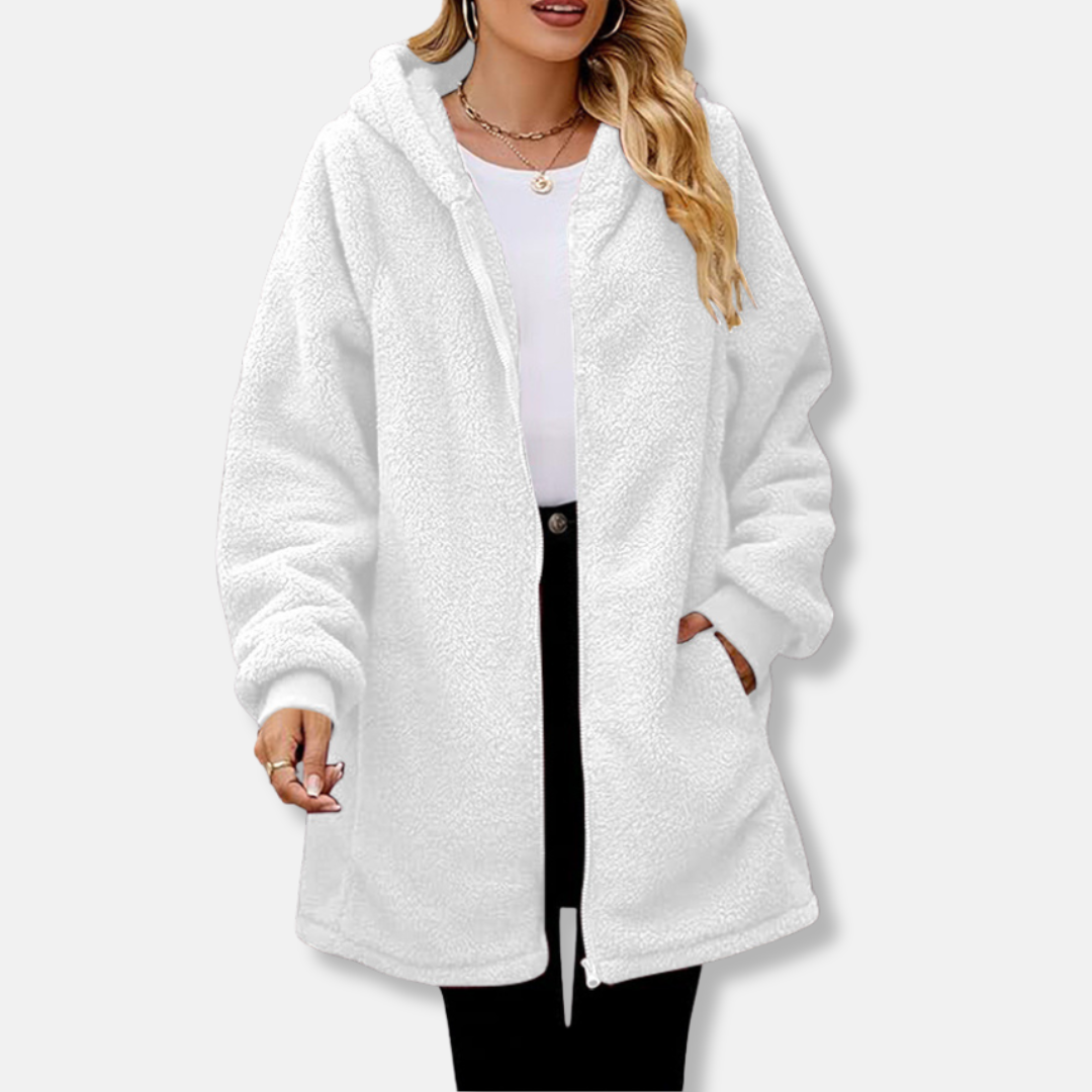 Womens Hooded Zipper Jacket Plush Oversized Fit Ribbed Cuffs