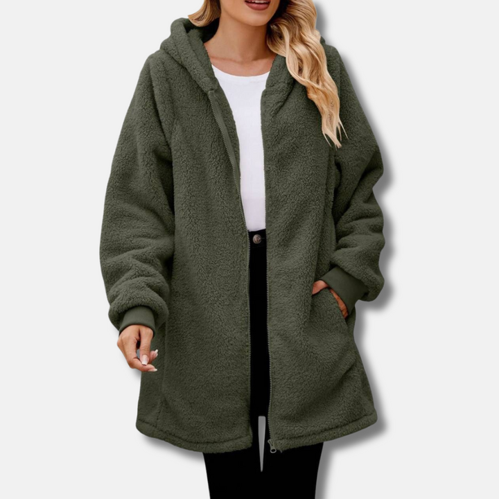 Womens Hooded Zipper Jacket Plush Oversized Fit Ribbed Cuffs