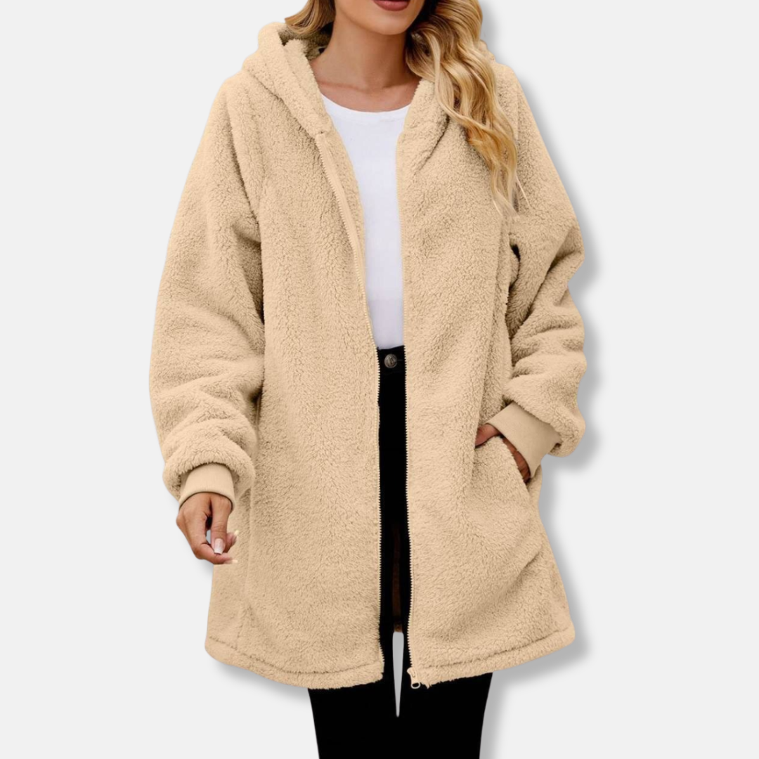 Womens Hooded Zipper Jacket Plush Oversized Fit Ribbed Cuffs