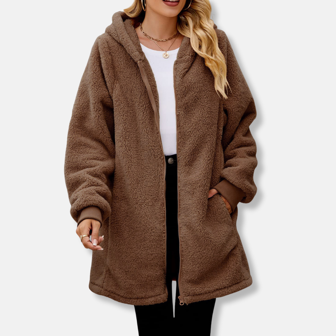 Womens Hooded Zipper Jacket Plush Oversized Fit Ribbed Cuffs