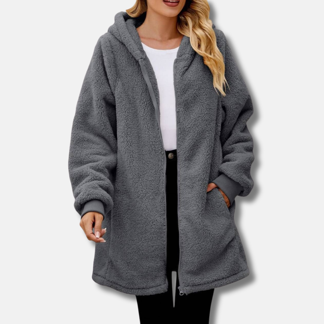 Womens Hooded Zipper Jacket Plush Oversized Fit Ribbed Cuffs