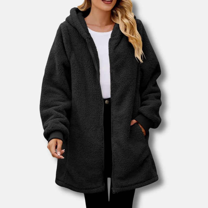 Womens Hooded Zipper Jacket Plush Oversized Fit Ribbed Cuffs - BritishMode