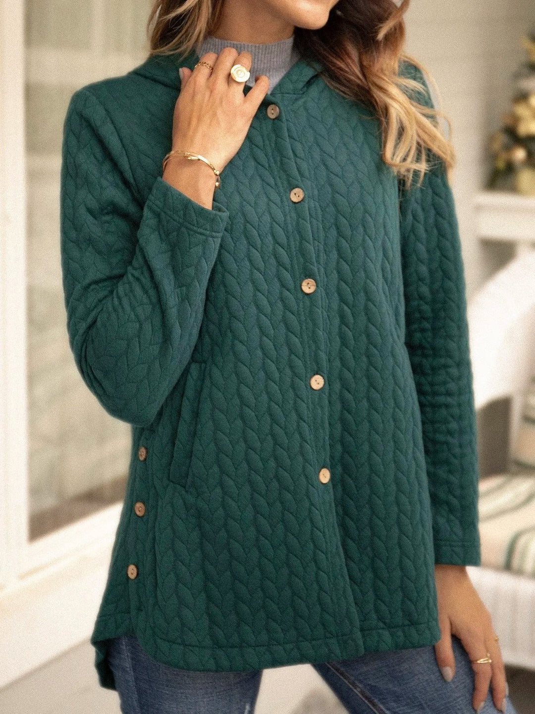 Womens Quilted Hoodie Sweatshirt Button Front Relaxed Fit - BritishMode