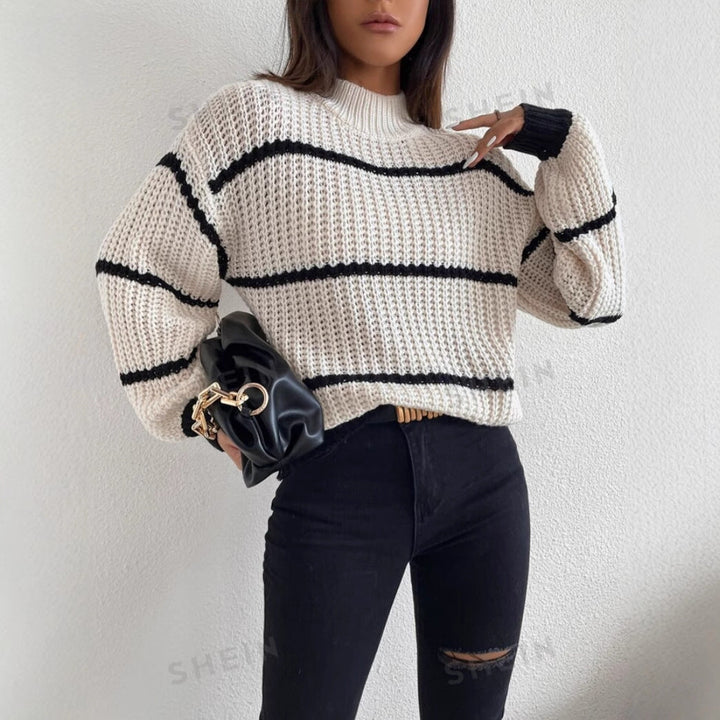Womens Knit Sweater Chunky Texture Crew Neck Relaxed Fit