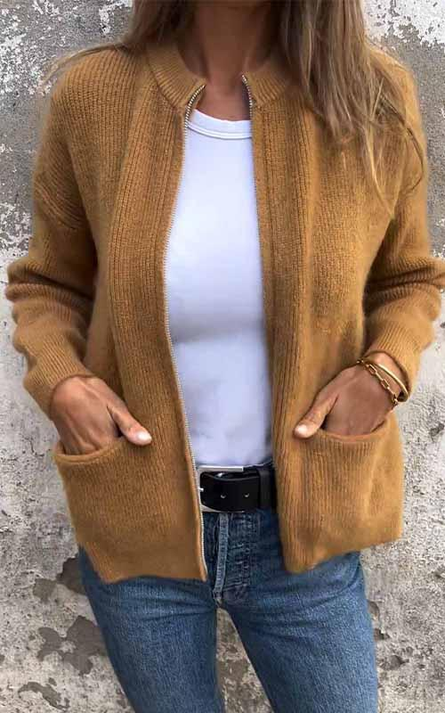 Womens Knitted Cardigan Relaxed Fit Open Front Ribbed Edges - BritishMode