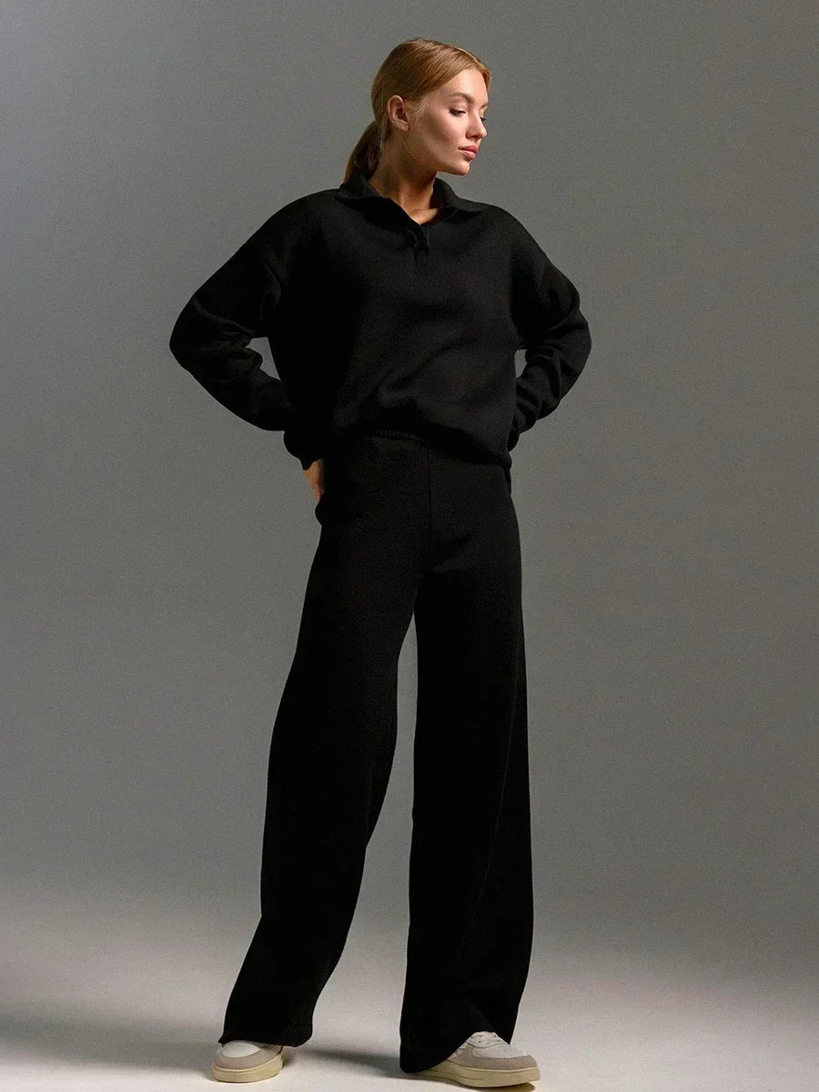 Womens Knitted Two-Piece Set Polo Neck Sweater Wide Leg Trousers