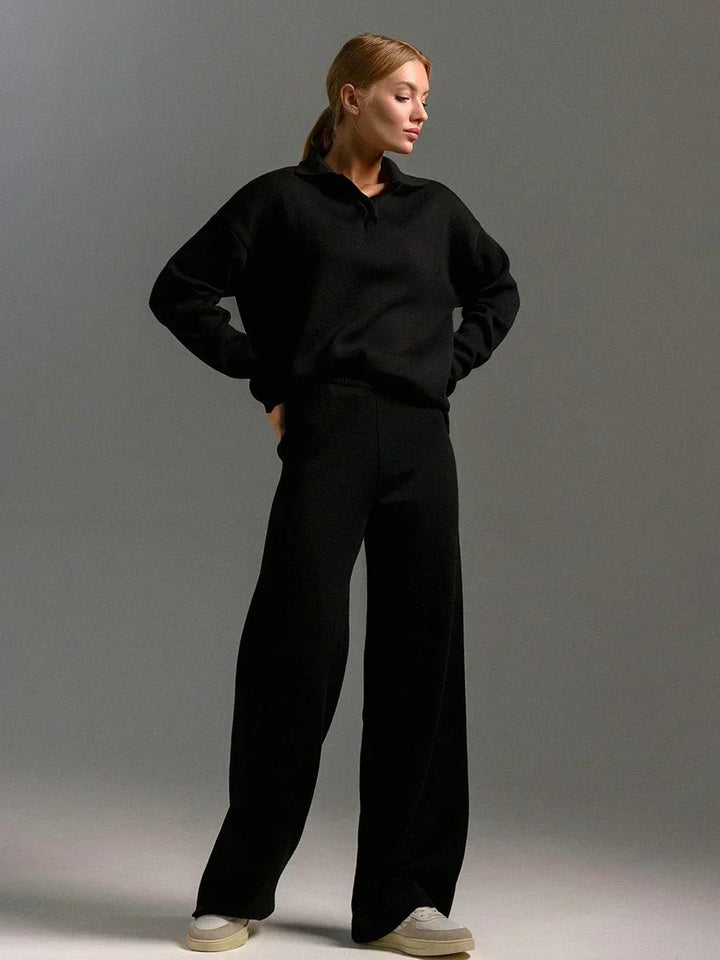 Womens Knitted Two-Piece Set Polo Neck Sweater Wide Leg Trousers