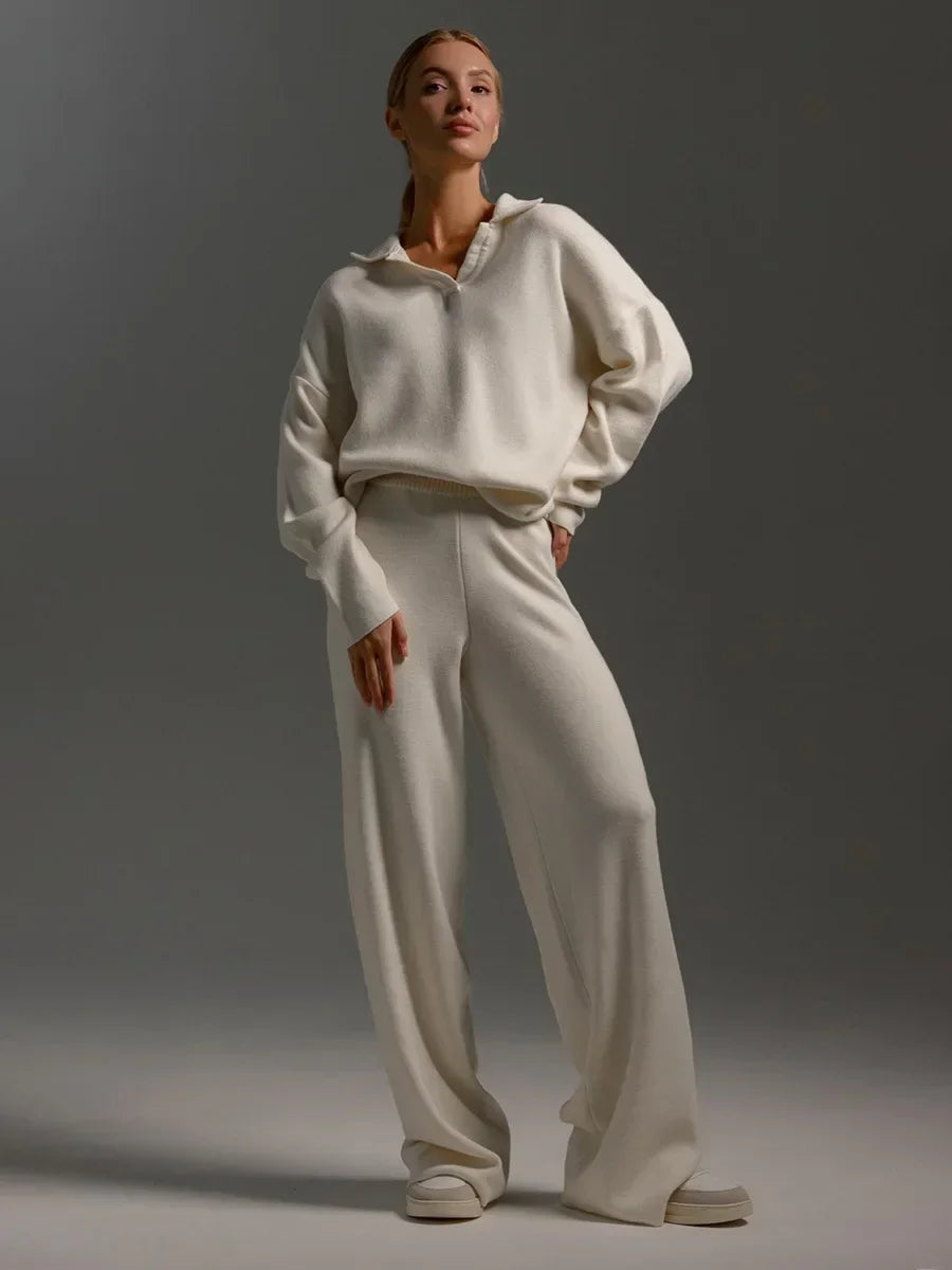 Womens Knitted Two-Piece Set Polo Neck Sweater Wide Leg Trousers