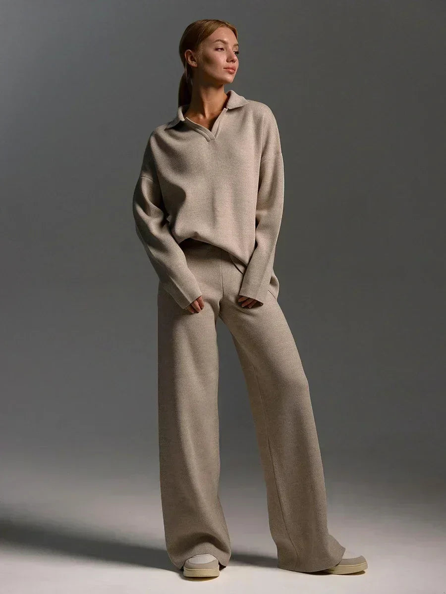 Womens Knitted Two-Piece Set Polo Neck Sweater Wide Leg Trousers - BritishMode