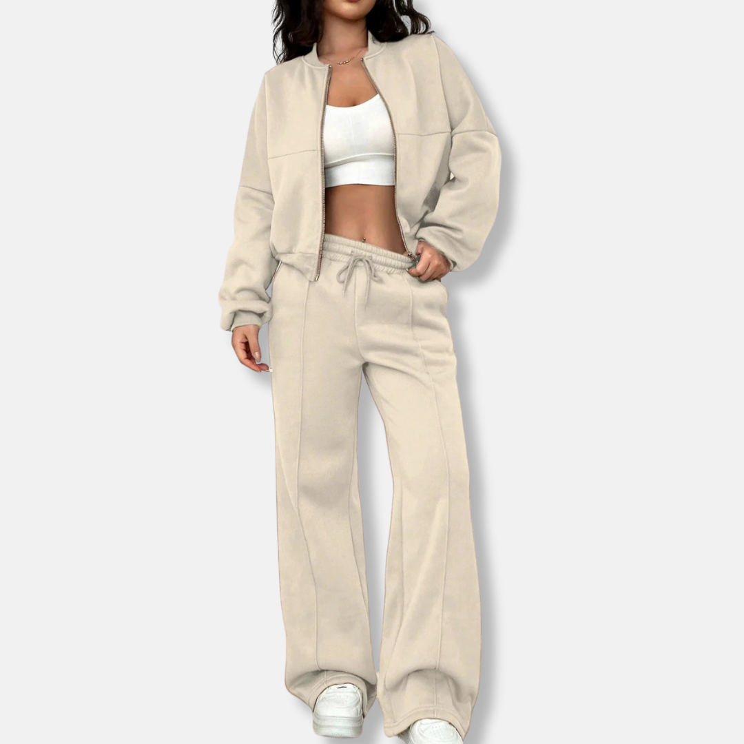 Womens Loungewear Set Bomber Jacket Relaxed Fit High-Waisted Wide-Leg - BritishMode