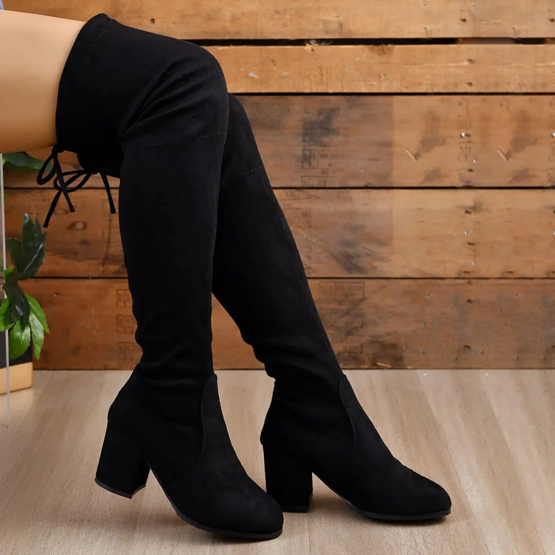 Womens Over-the-Knee Boots Faux Suede Stretch Fit Block Heel - BritishMode