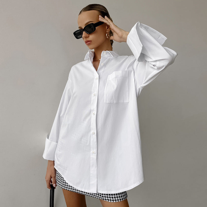 Womens Oversized Cotton Blend Shirt Long Sleeve Button-Up Relaxed Fit - BritishMode