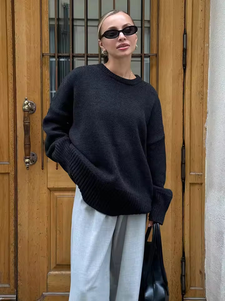 Womens Wool Blend Knit Sweater Longline Oversized Wide Crew Neck