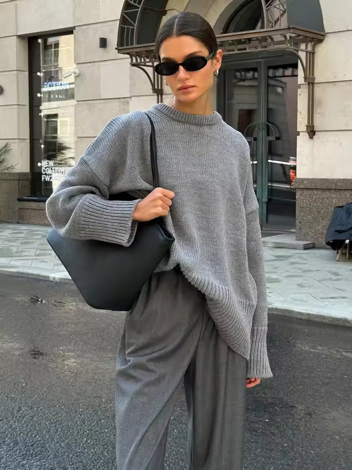 Womens Wool Blend Knit Sweater Longline Oversized Wide Crew Neck