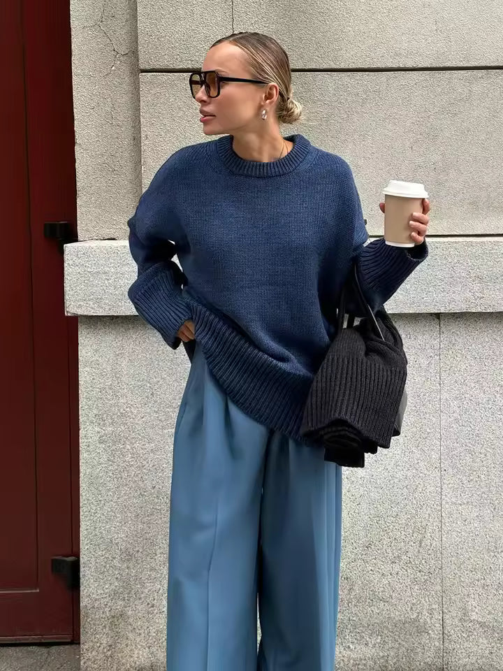 Womens Wool Blend Knit Sweater Longline Oversized Wide Crew Neck