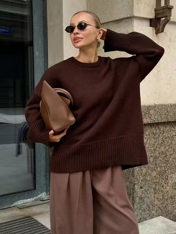 Womens Wool Blend Knit Sweater Longline Oversized Wide Crew Neck