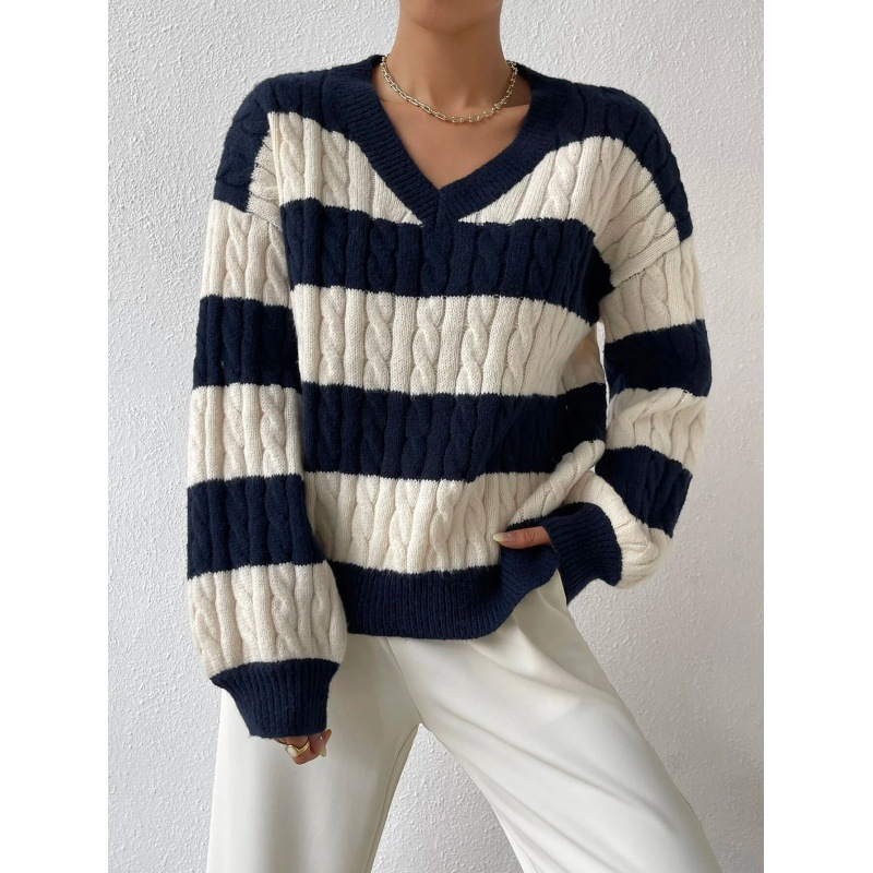 Womens Oversized Sweatshirt Wool Blend Cable Knit Relaxed Fit V-Neck - BritishMode