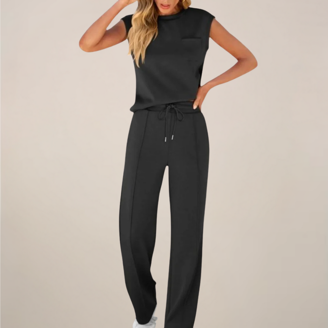 Womens Sleeveless Mock-Neck Top with Drawstring Wide-Leg Trousers Set - BritishMode
