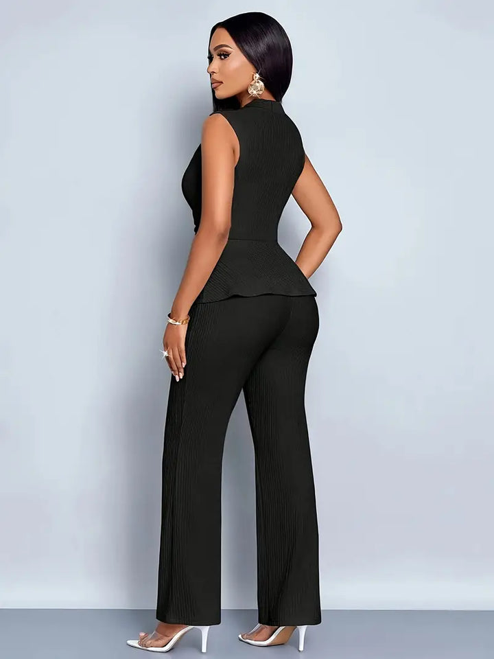 Womens V-Neck Ruched Peplum Top with Wide Leg Trouser Set